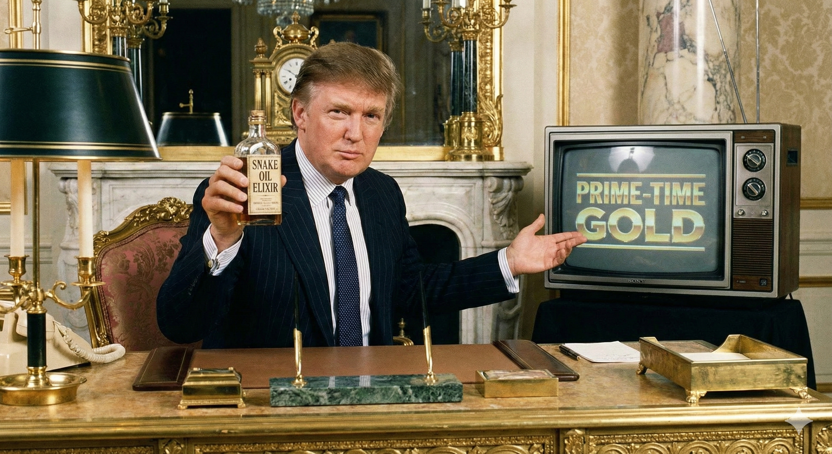 1980s Donald Trump in a bright gold office holding up a Trump Snake Oil bottle to TV cameras
