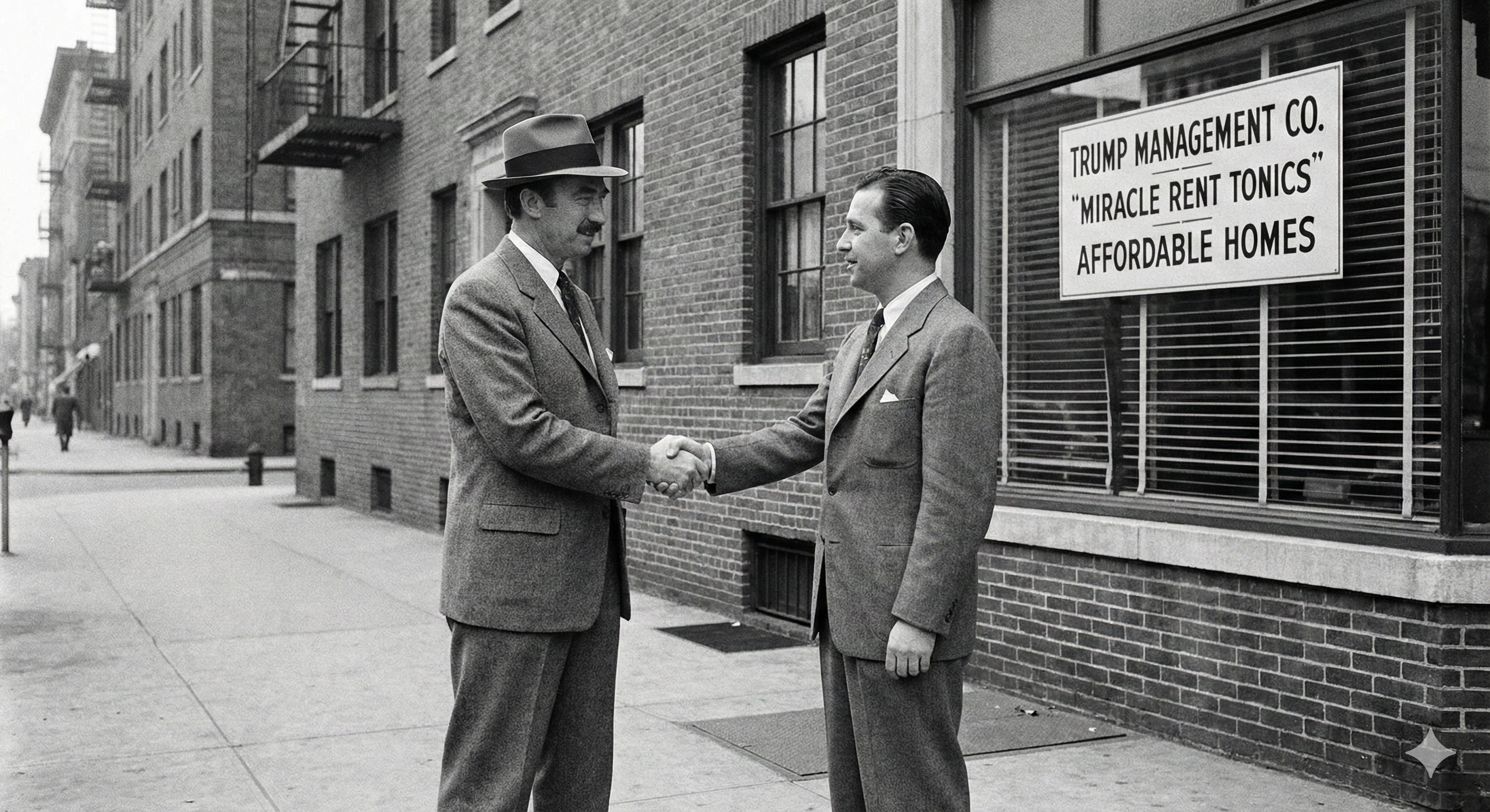 1940s scene of Fred Trump shaking hands with a tenant while holding a miracle rent tonic bottle in front of Brooklyn tenements
