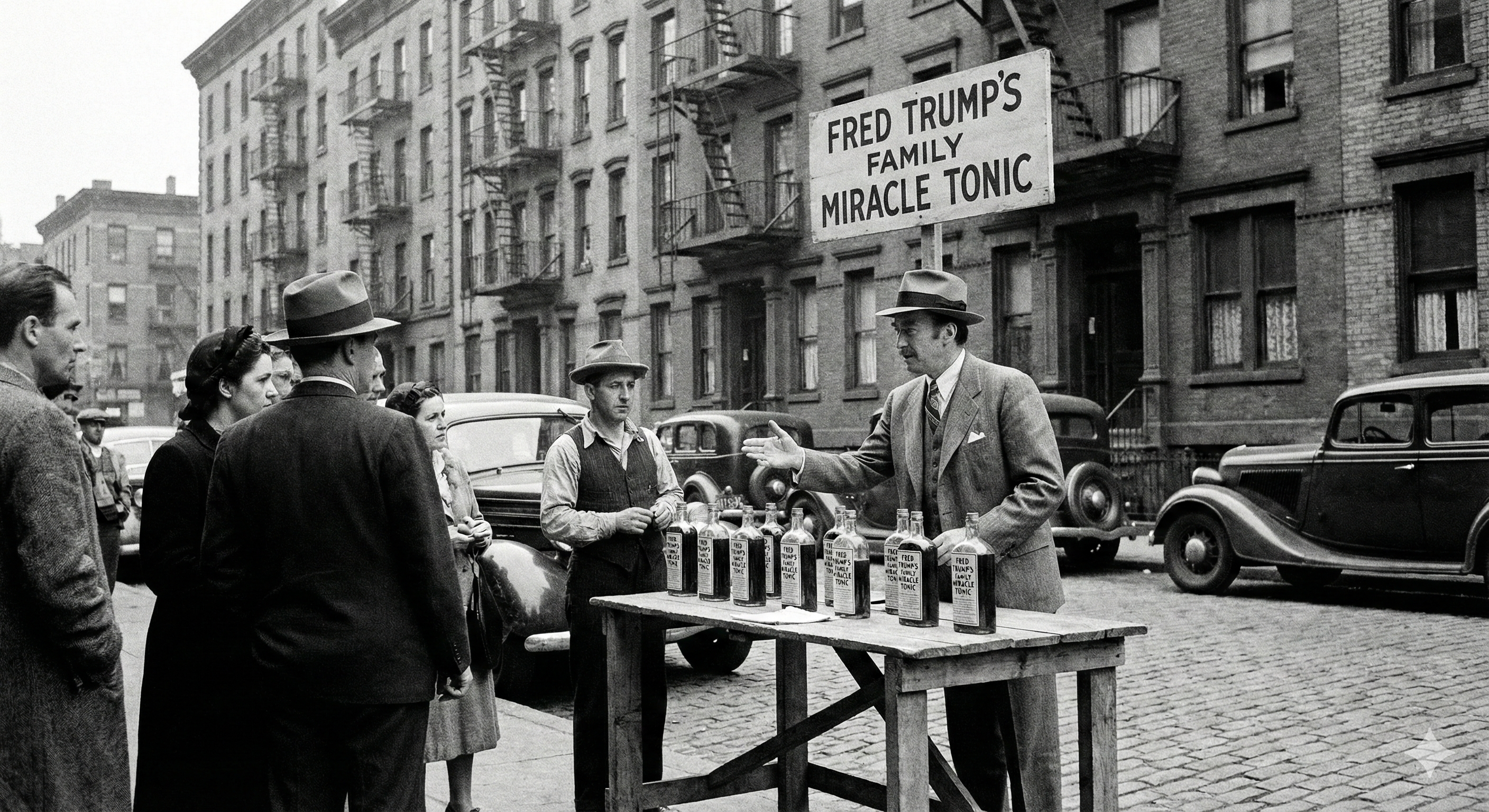 Fred Trump in the 1940s holding up a family miracle tonic bottle on a Brooklyn street corner