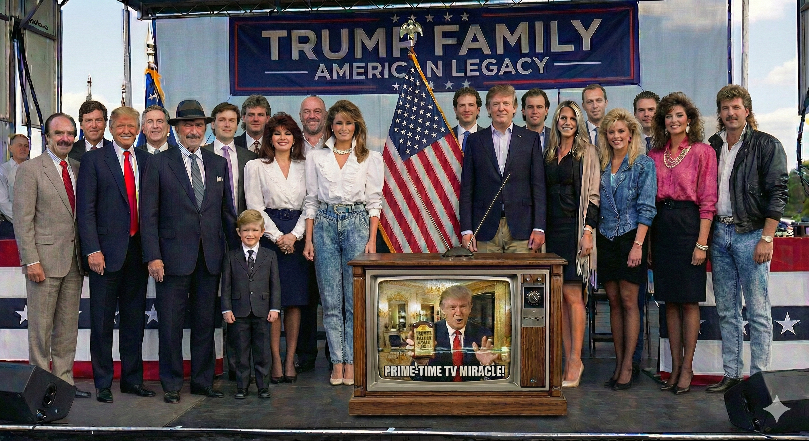 Three generations of the Trump family posed behind a glowing Trump Family Snake Oil bottle