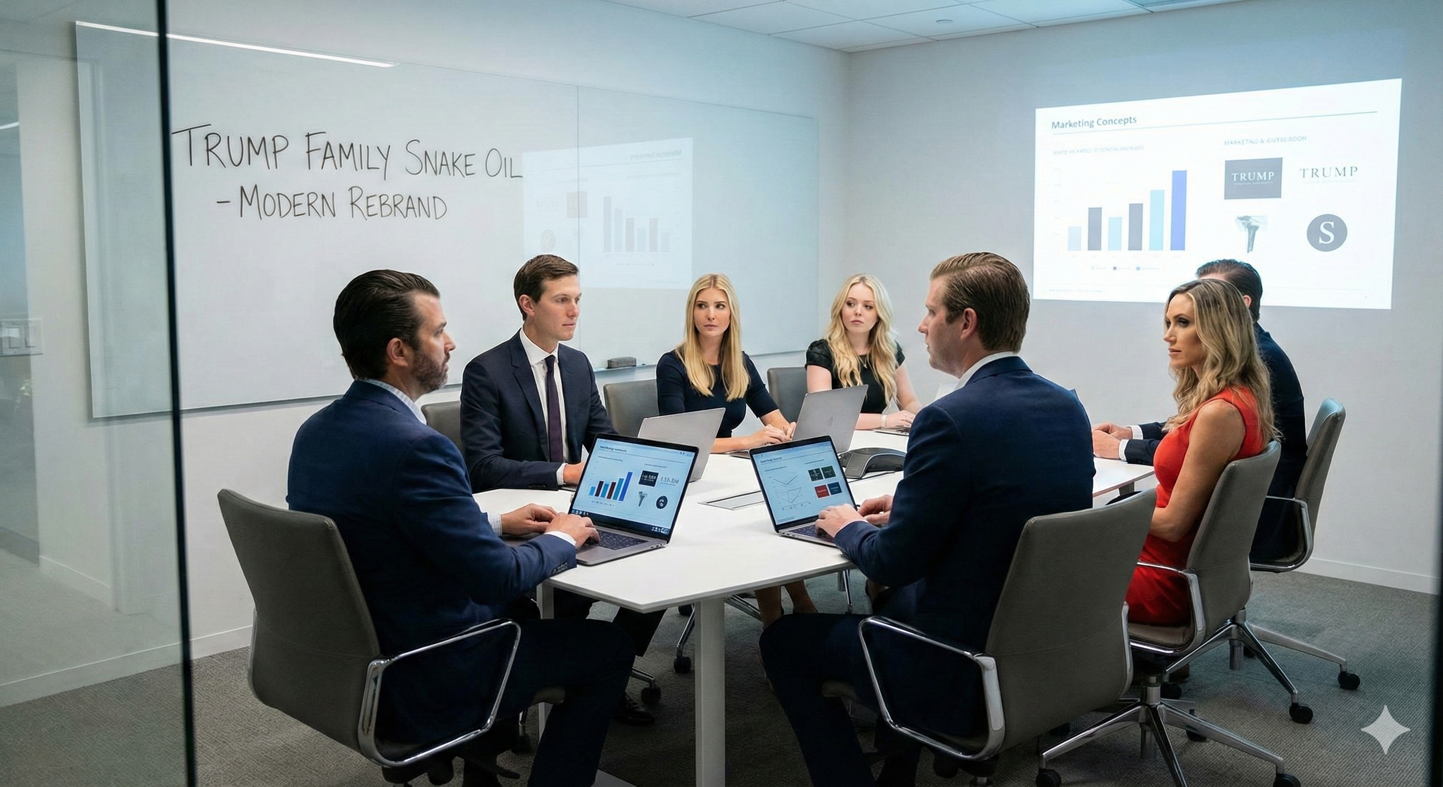 Younger Trump family members in a modern office planning a brand refresh for Trump Family Snake Oil